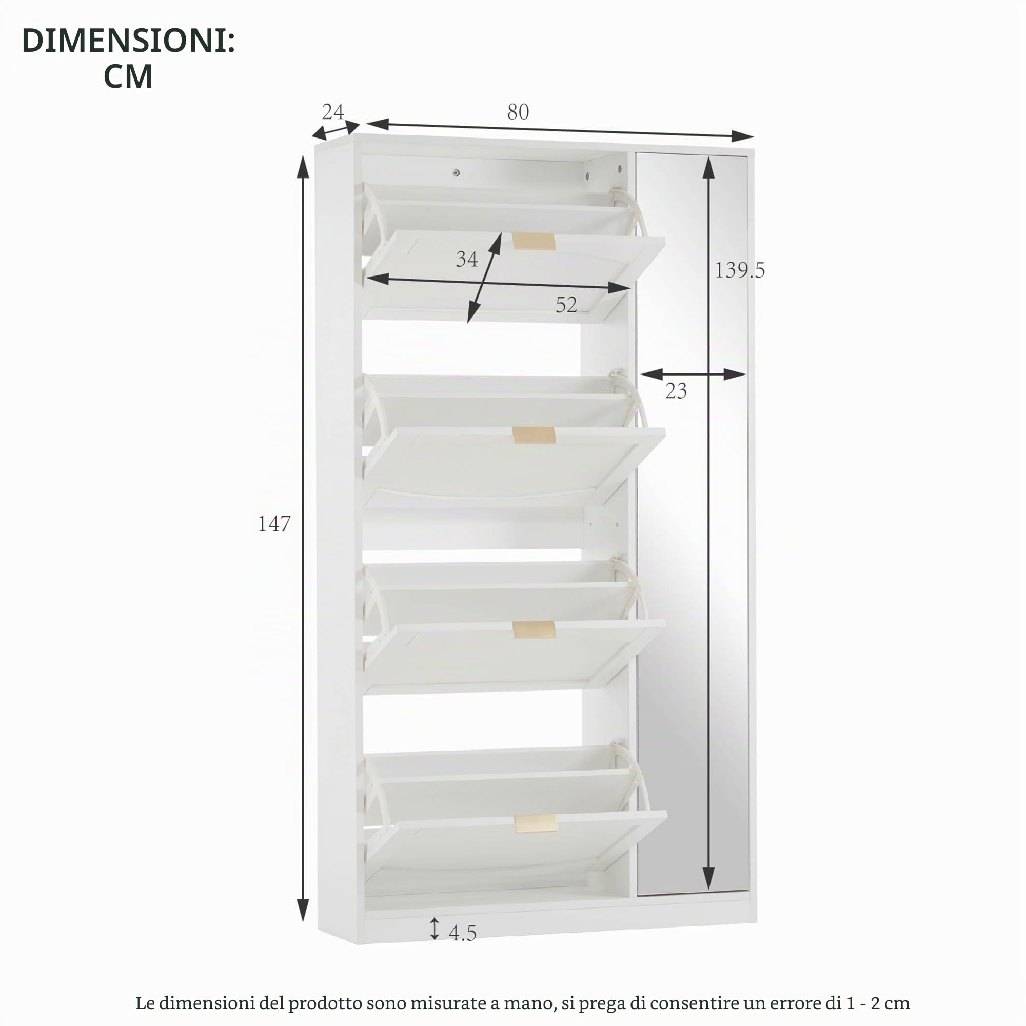 Moderna scarpiera con specchio, 4 scomparti pieghevoli, ripiano regolabile dietro lo specchio destro, per il corridoio, larghezza 80 x altezza 147 x profondità 24 cm