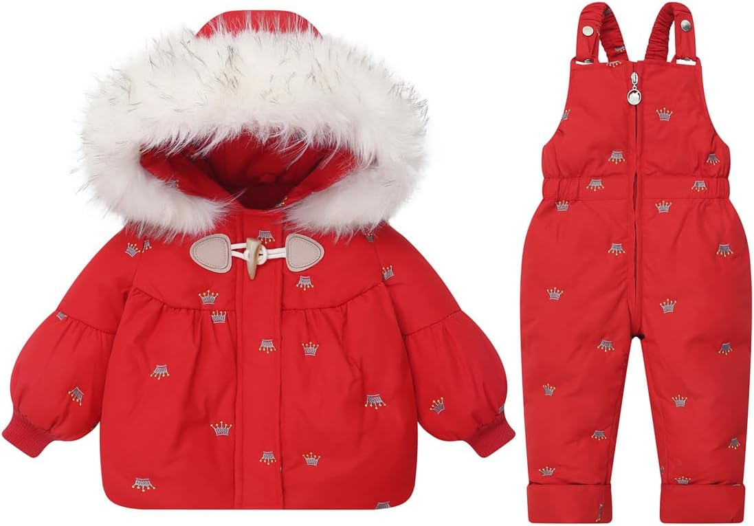 Baby Boys Girls Cartoon Sweety Zipper Hooded Puffer Down Pocket Ski Jacket+Snow Bib Pants Snowsuit Set