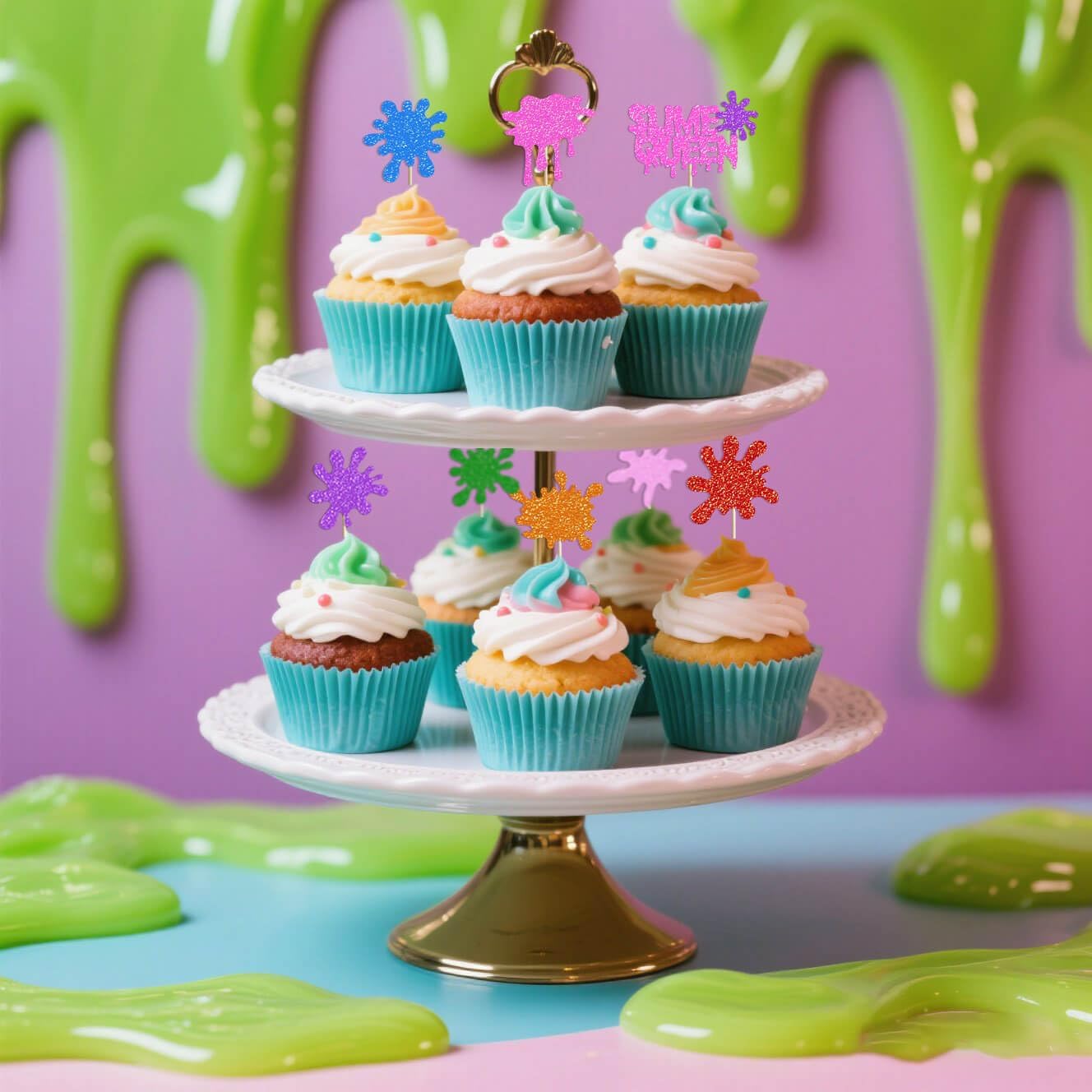 Slime Queen Birthday Cake Decorations - Colorful Glitter Happy Birthday Cake Cupcake Toppers for Kids Girls Boys Slime Splatter Splash Paint Art Themed Birthday Party Supplies Decoration