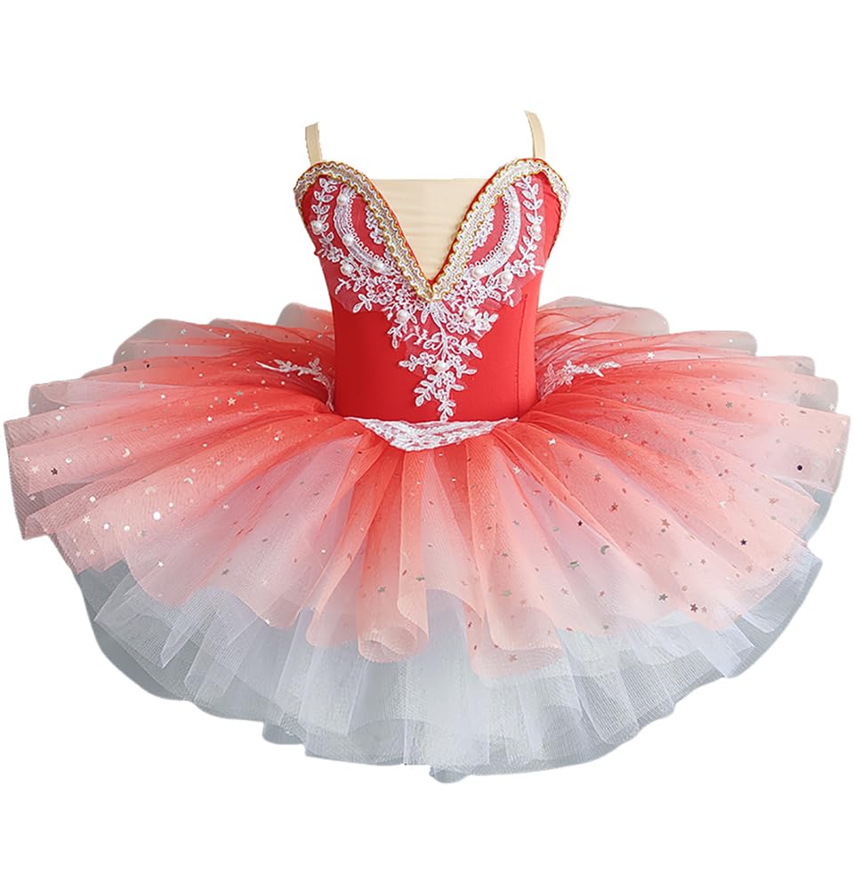 Kinder Ballettkleid Glitzernd Puffig Tüll V-Ausschnitt Ballerina-Kostüm Mit Rock Tütü, Mädchen Tanzkleidung