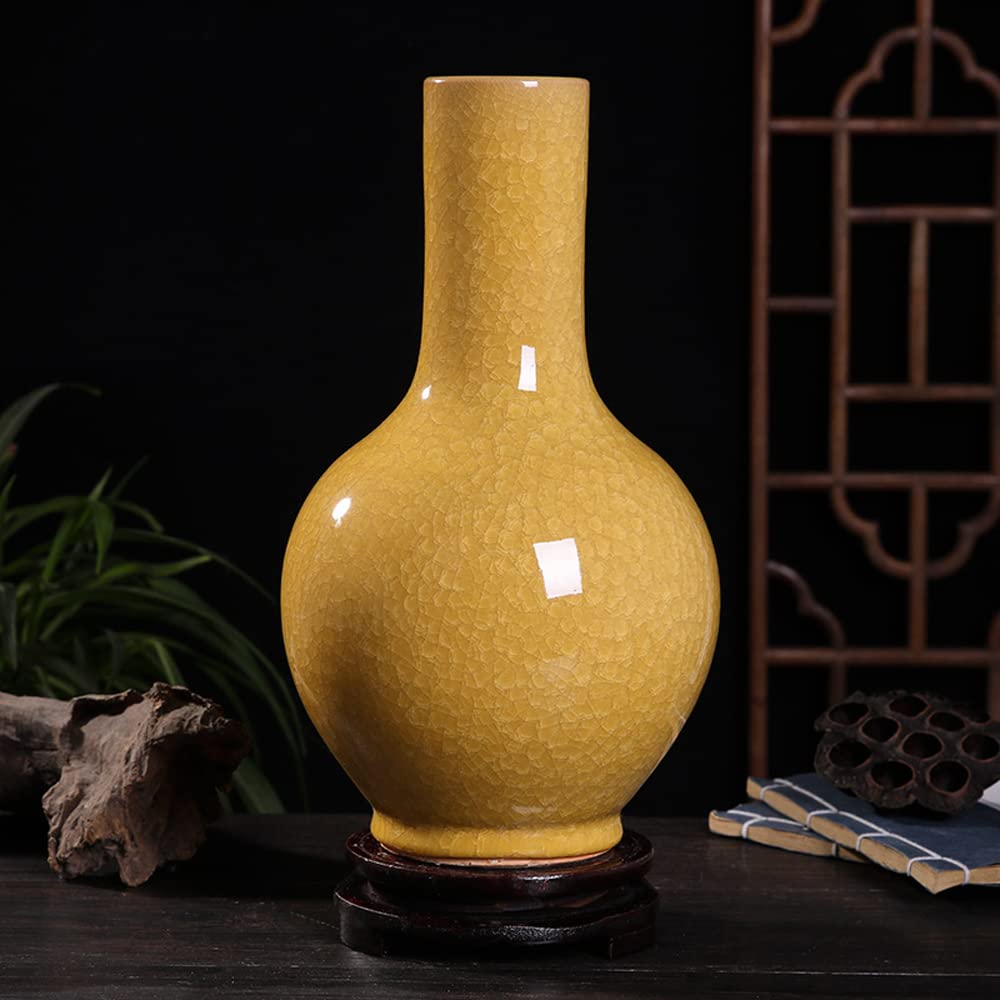 asdchZen Chinese Yellow Cracked Glazed Jade Piece Color Glazed Vase Jingdezhen Ice Cracked Glaze Handmade Simple Chinese Ceramic Decorative Vase Gift,H