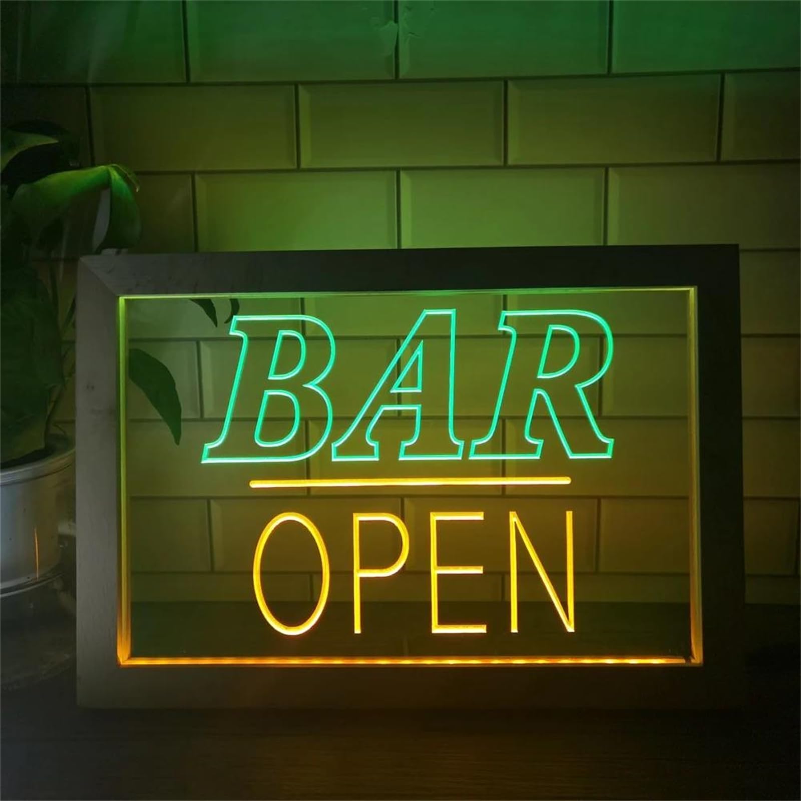 Insegne al neon a LED aperte per bar, luci al neon personalizzate alimentate tramite USB con cornice per foto in legno, per la decorazione dimmerabile di cocktail bar wine lounge,Green yellow,32x22cm
