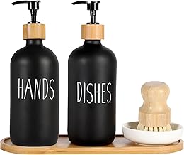 2 Pack Glass Soap Dispenser Set with Tray and Bamboo Dish Brush, Hand and Dish Soap Dispenser 16oz Kitchen Dish Soap Dispenser Set Farmhouse Decor Dish Soap Pump Bottle (Black & Black)