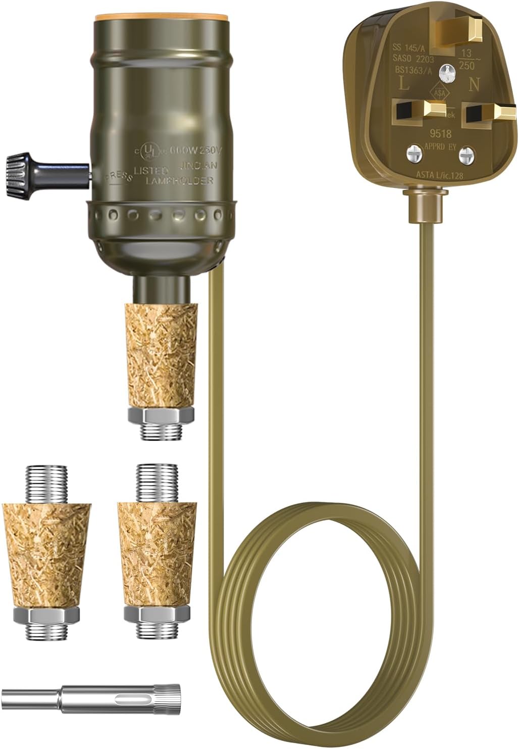 Lamptobe Bottle Lamp Kit Do It Yourself UK, 60W E27 Lamp Holder DIY Lamp Kit with Drill Bit and Corks, Antique Brass Rustic Lamp Fittings Kit for Table Lamp, Bottle Lamp, 1-Pack