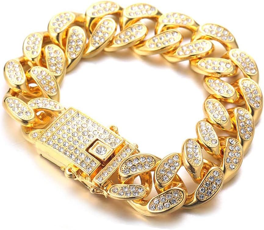 Cuban Link Bracelet for Men - Hip Hop Necklace Iced Out with Bling Rhinestones, Fashion Accessory for Hip Hop Lovers (Gold)