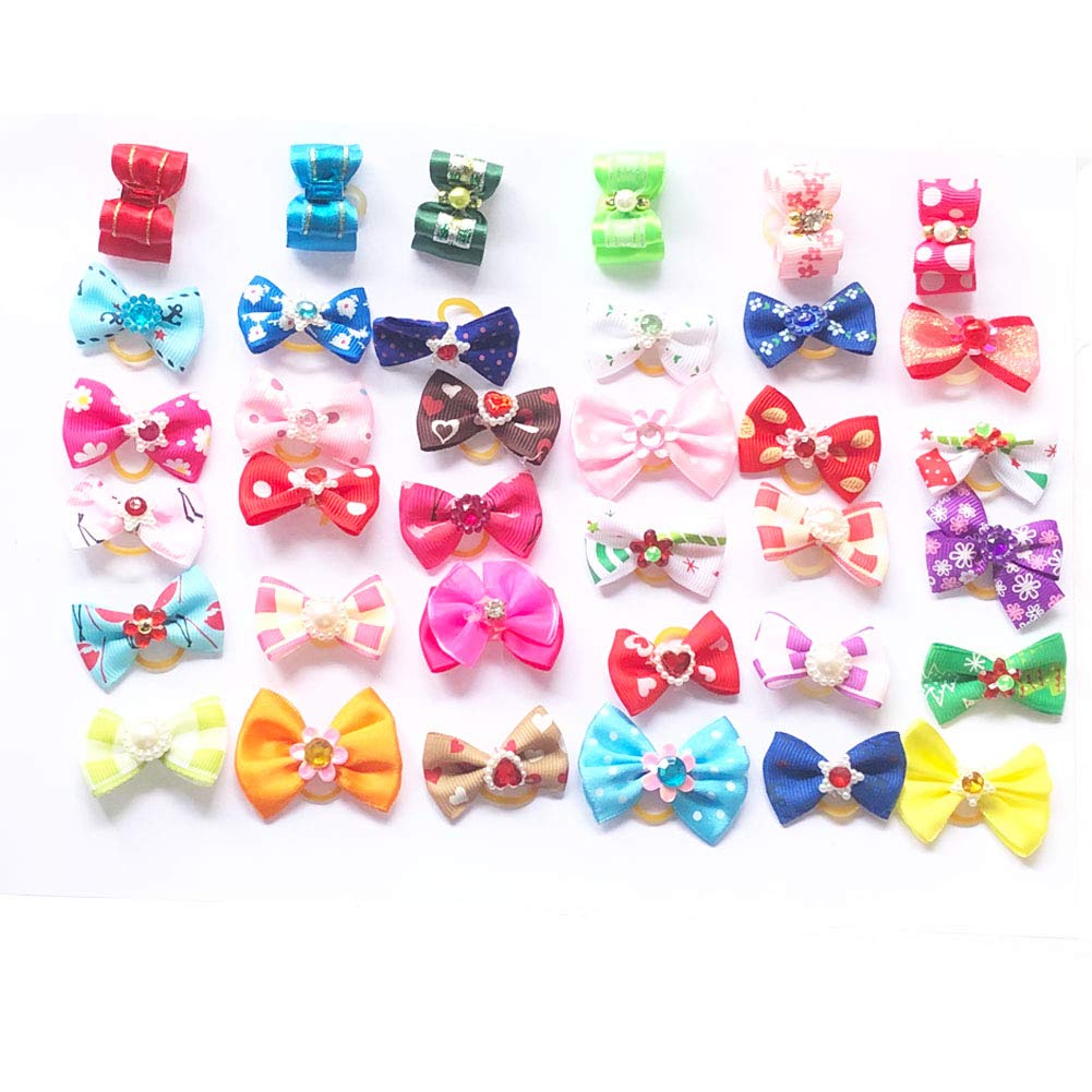 Lot de 50 nœuds en poils d'animaux avec bande en caoutchouc pour petits chiens Yorkshire, couleurs assorties