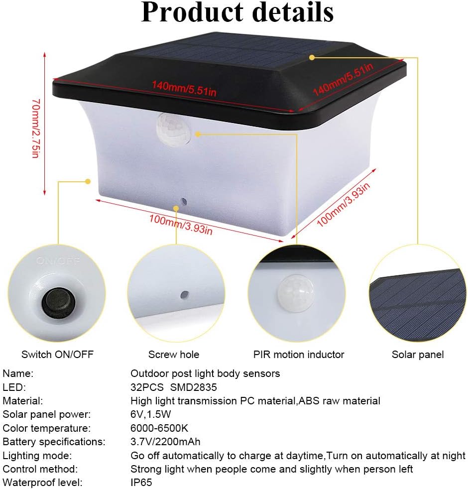 Super Sale 🛒 SUMAOTE Solar Post Cap Lights Outdoor with Motion Sensor, 4x4 32pcs LED Waterproof Solar Fence Deck Lights Landscape Lamp Black White for Garden Patio Porch - 4 Pack