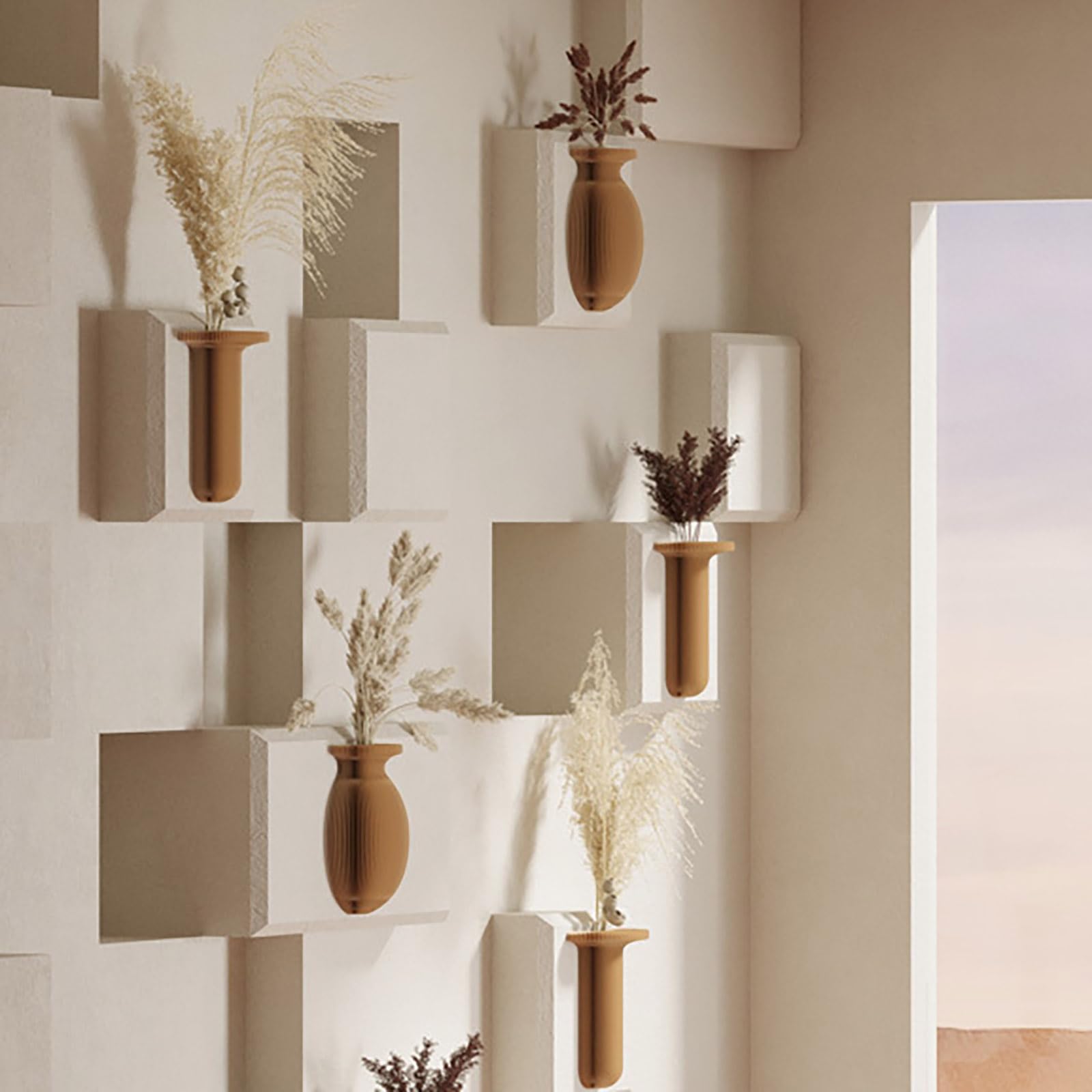Faltbare Wandvase aus Papier mit Kleberückseite – Deko Wandvase im Akkordeonstil für Trockenblumen Pampasgras Kunstpflanzen Flur Bad Wohnzimmer Schlafzimmer,White-A