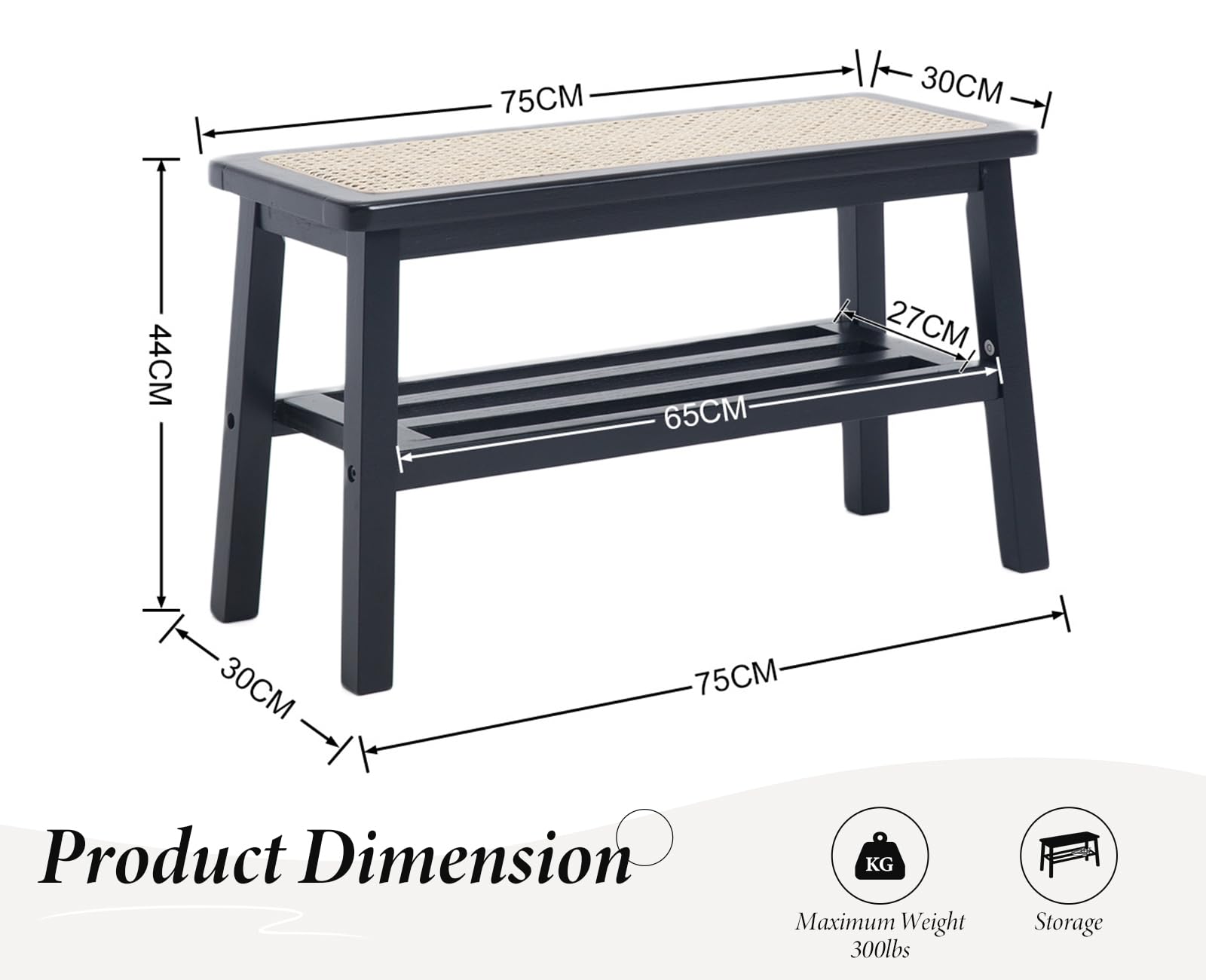 Ya-Home Banco de Cocina de Rattan, Banco Zapatero, Banco Madera Recibidor para Salon/Oficina,Negro