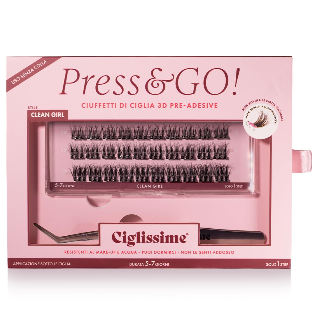 CLEAN GIRL Press&Go - Starter Kit Extension Ciglia + Pinzetta | Kit Ciuffetti Ciglia Finte Senza Colla 3D Vegan, Dermatologicamente Testate - Effetto No Make-up - Resistenti all'Acqua