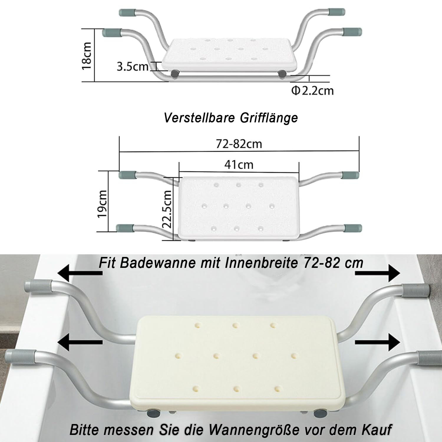 bimiti Badewannensitz Senioren, Badewannenbretter rutschfest Ausziehbare 72-82cm Badewannenablage 130 kg Tragkraft, Senioren Badewannenbrett zum Sitzbrett für Badewanne Erwachsene Badebrett