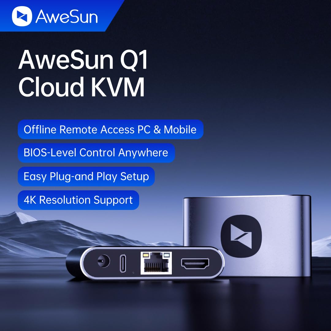 AweSun Q1 Cloud KVM Switch, 4K Resolution, BIOS-Level Remote Access, HDMI and Ethernet Ports, Plug and Play Setup, Financial-Grade Encryption (1 Pack)