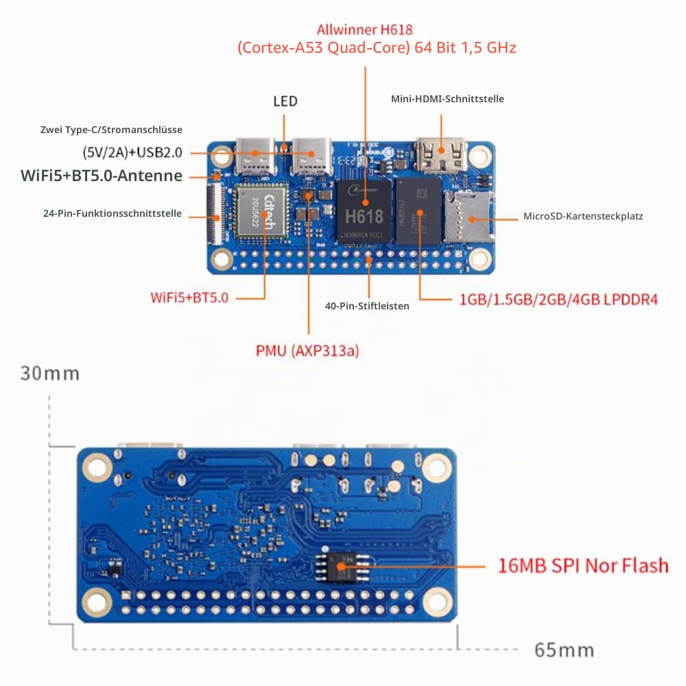 Orange Pi Zero 2W 1GB/1,5GB/2GB/4GB LPDDR4 Allwinner H618 Quad-Core Cortex-A53 Prozessor mit 16MB SPI Flash Unterstützung 4K Display Läuft mit Android Ubuntu (Zero2W 2G)