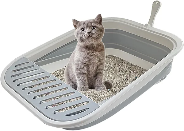 chuyouan Collapsible Kitten Litter Box, 17.7 x 13.4 x 5 inch Open Cat Potty Pan with Scoop Foldable Shallow Cat Toilet Anti-Splashing Low Entrance Travel Litter Box with Falling Sand Pedal Grey