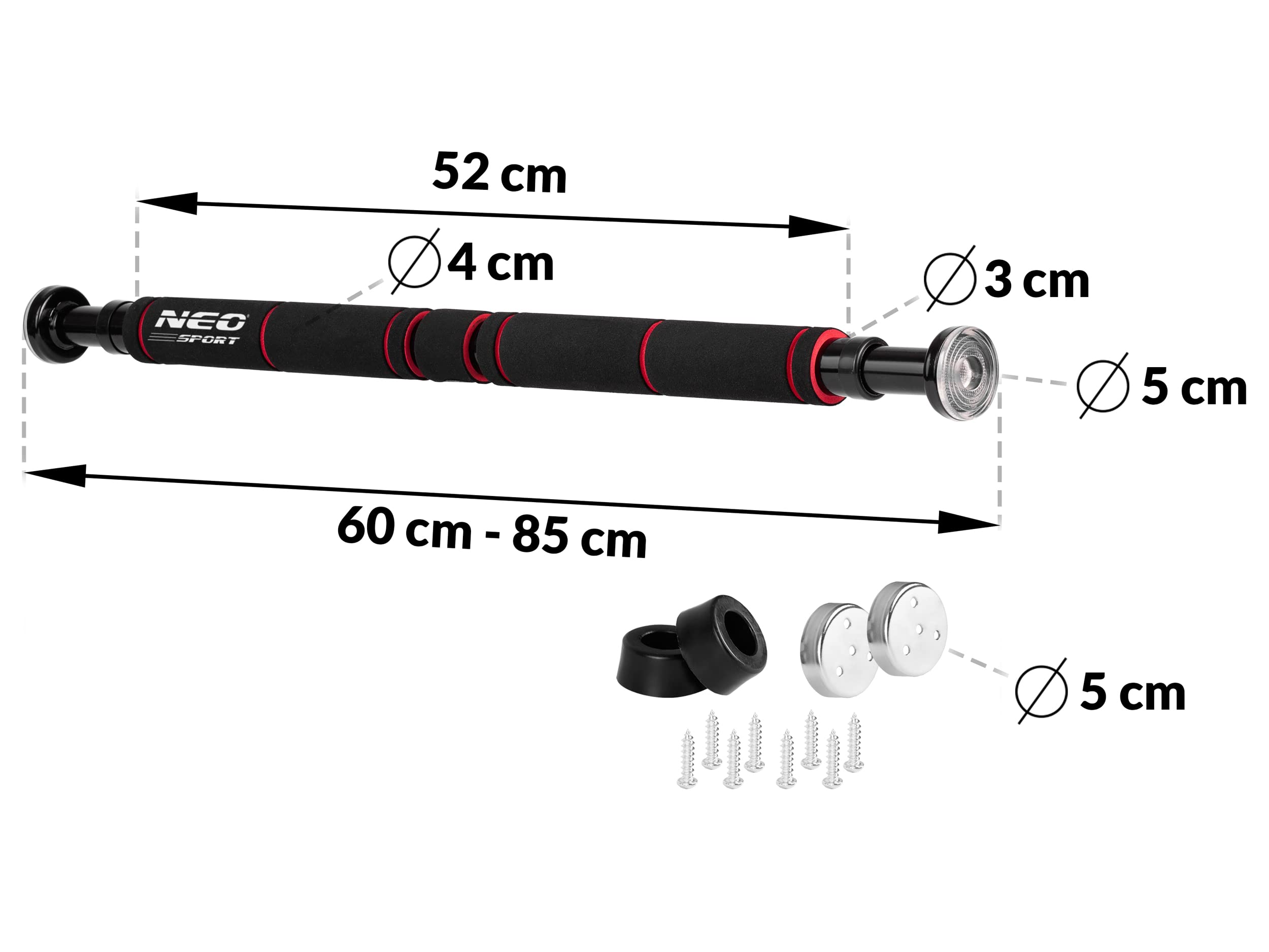 NEO SPORT Drążek Rozporowy Prosty NS-311 do Podciągania Ćwiczeń Treningu Siłowego z Wzmacnianej Stali Uchwyty z Pianki do Futryn 60-85 cm Obciążenie 150 kg