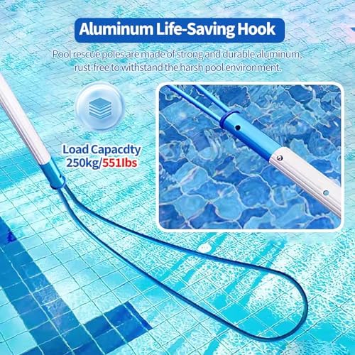 Emergency Blue Pool Rescue Pole - 16.4ft Aluminum Telescopic Safety Hook for Swimming Pools, Playgrounds & Water Parks - Essential Lifesaving Equipment for Swim Clubs