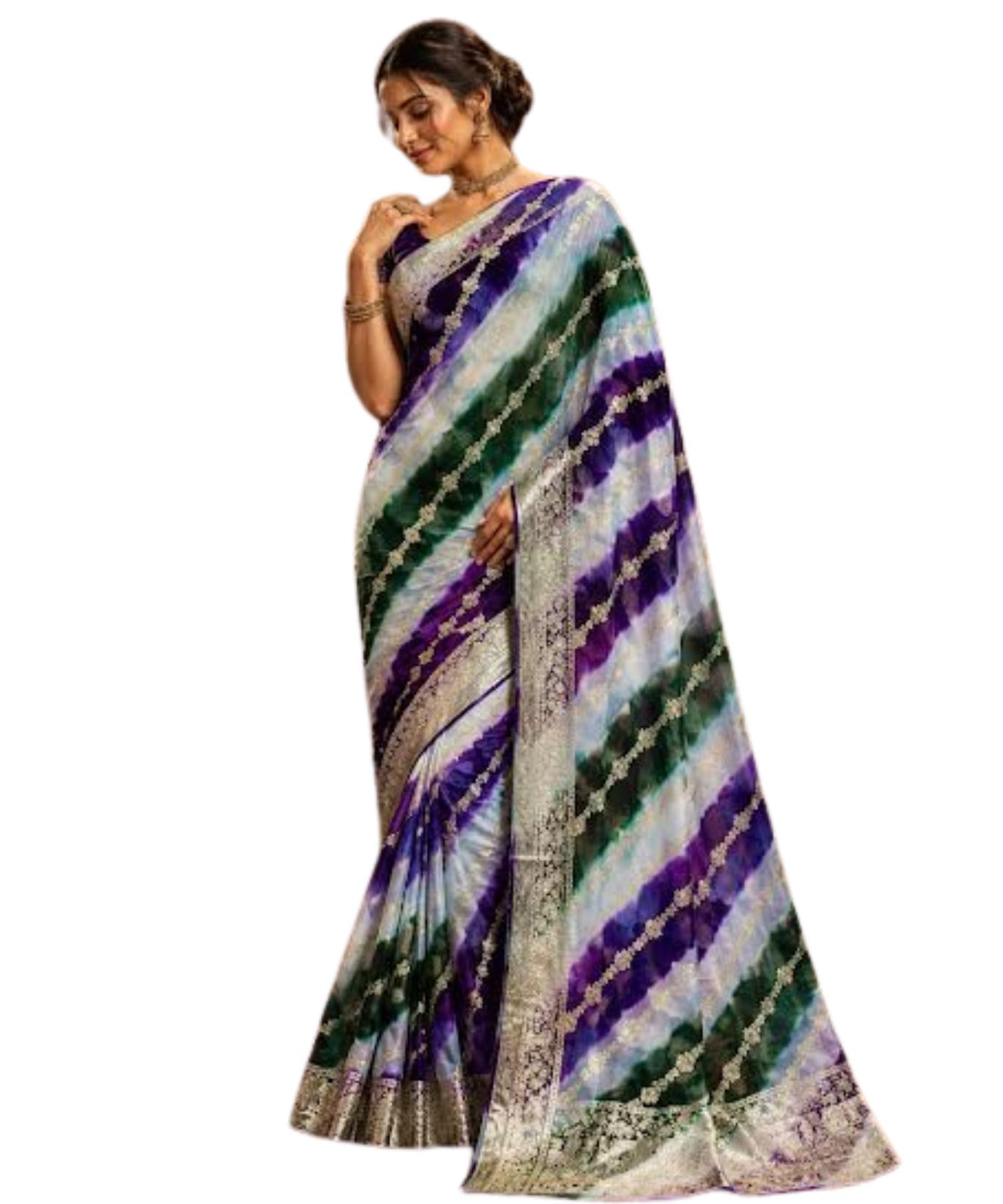 Pure Georgette Jaipuri Batik Lehriya Saree with Zari Chit Pallu Traditional Printed Saree with Zari Work & Contrast Blouse Piece (Purple & Green)-image-30