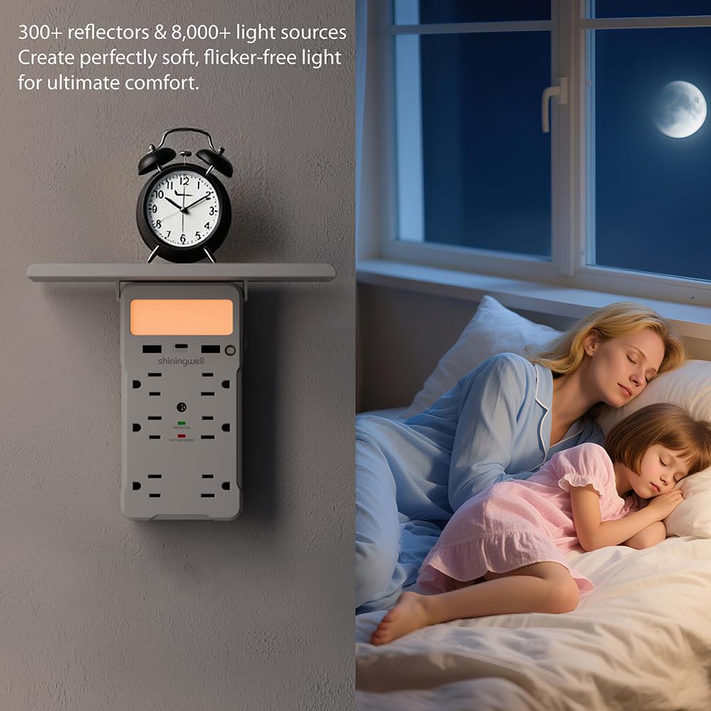 Surge Protector, Multi Plug Outlet, Estensore Presa a Muro con Luce Notturna e Ripiano, Espansore Spina di Alimentazione, (2A +1C), Caricatore da Parete USB, Presa di Alimentazione