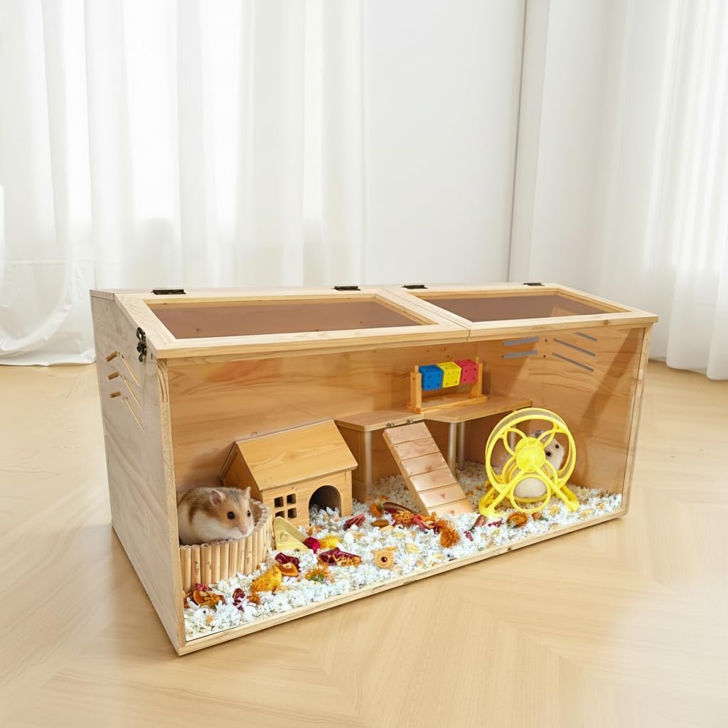 Wooden Hamster Cage, Large Hamster Habitats Enclosure Tank with Lock, Acrylic Sheet & Openable Top, Small Animal Cage for Chinchilla, Guinea Pig, Gerbil 40'' l