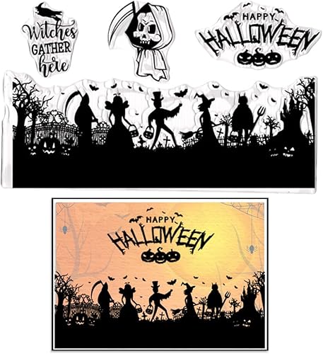 Sellos transparentes de fondo de fantasma de Halloween para hacer tarjetas, sellos de goma transparente de árbol de castillo, bruja, murciélago,