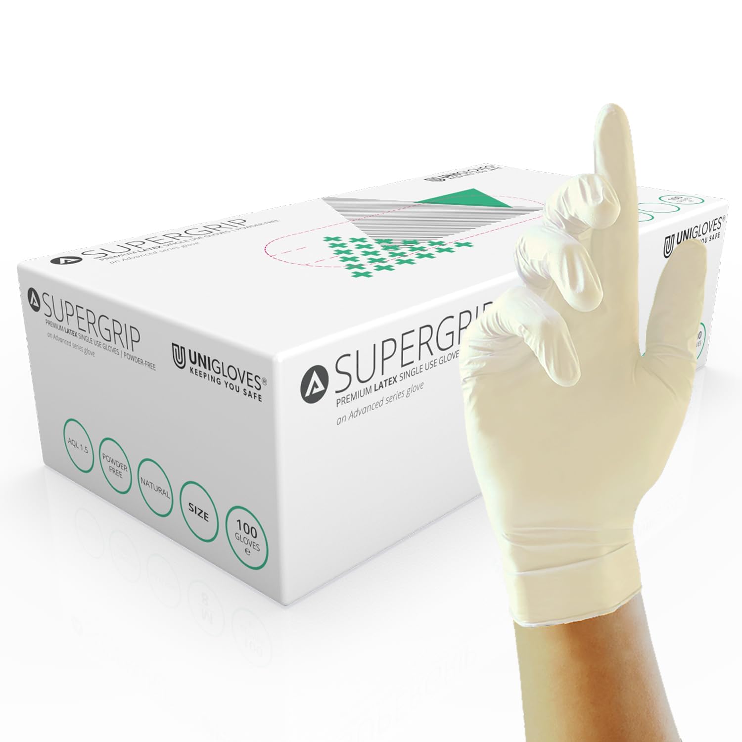 Unigloves Supergrip Latex GM0023 Examination - Multipurpose, Powder Free Disposable Gloves, Box of 100 Gloves, Natural, Medium
