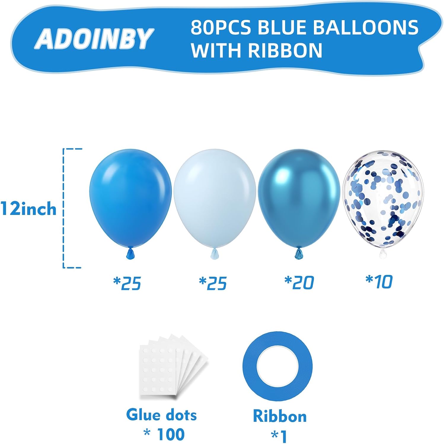 Metallic Blue Balloons, 80Pcs 12inch Chrome Light Macaron Matte Latex and Confetti Balloons for Birthday Wedding Baby Shower Party Supplies Decorations