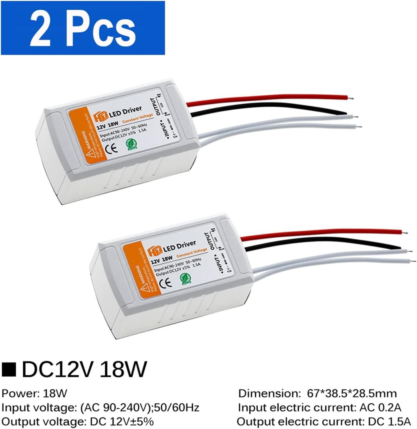 12V Power Supply Adapter 110V 220V to 12V Lighting Transformer 100W 72W 36W 18W DC12 Volts Source LED Driver for LED(18W - 2pcs)