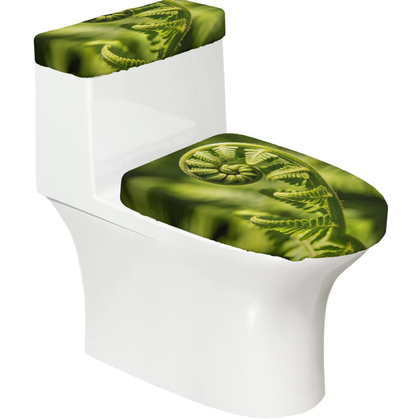 Cntdbu Black Green Fern Curl Stretchy Toilet Lid And Tank Cover Set-Soft Elastic Bathroom Decor For U Shape Oval