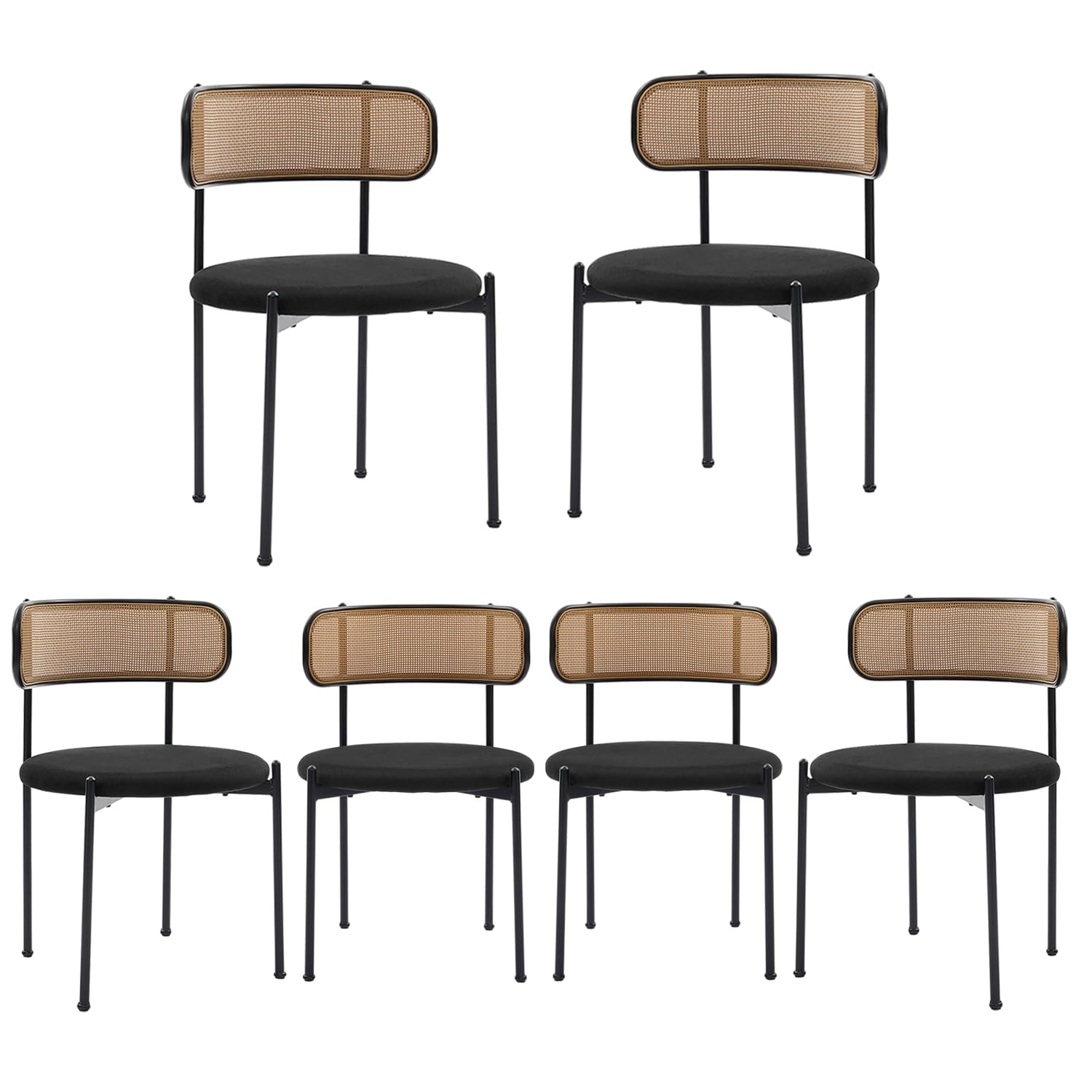 Stabrech Black Rattan Dining Chairs Set of 6, Mid-Century Modern Chair with Boucle, Kitchen Dining Room Chairs for Living Room with Metal Legs, Round