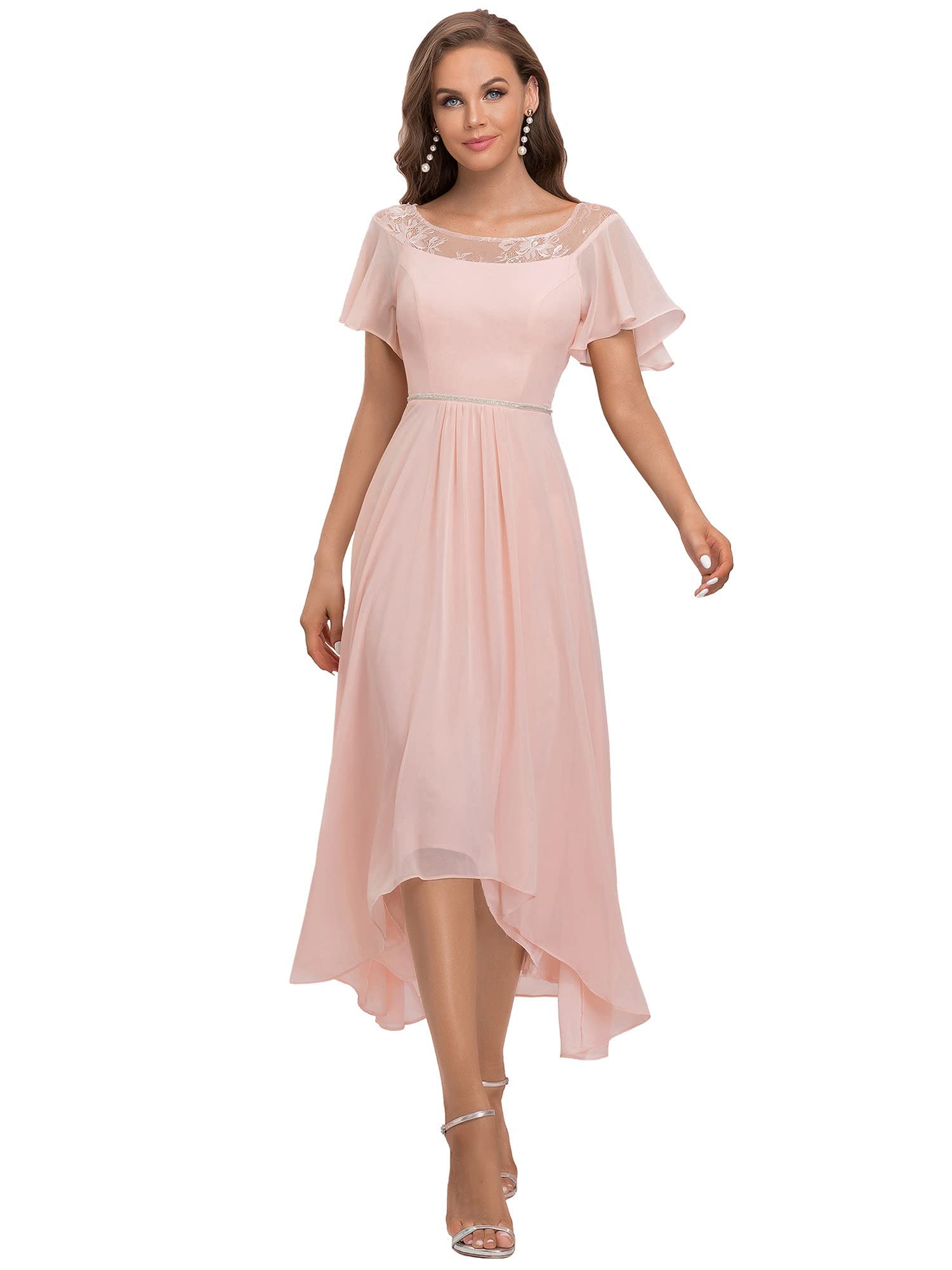 Ever-PrettyWomen's Ruffles Sleeve Bridesmaid Dress High Low Beaded Chiffon Midi Mother of The Bride Dresses 00465