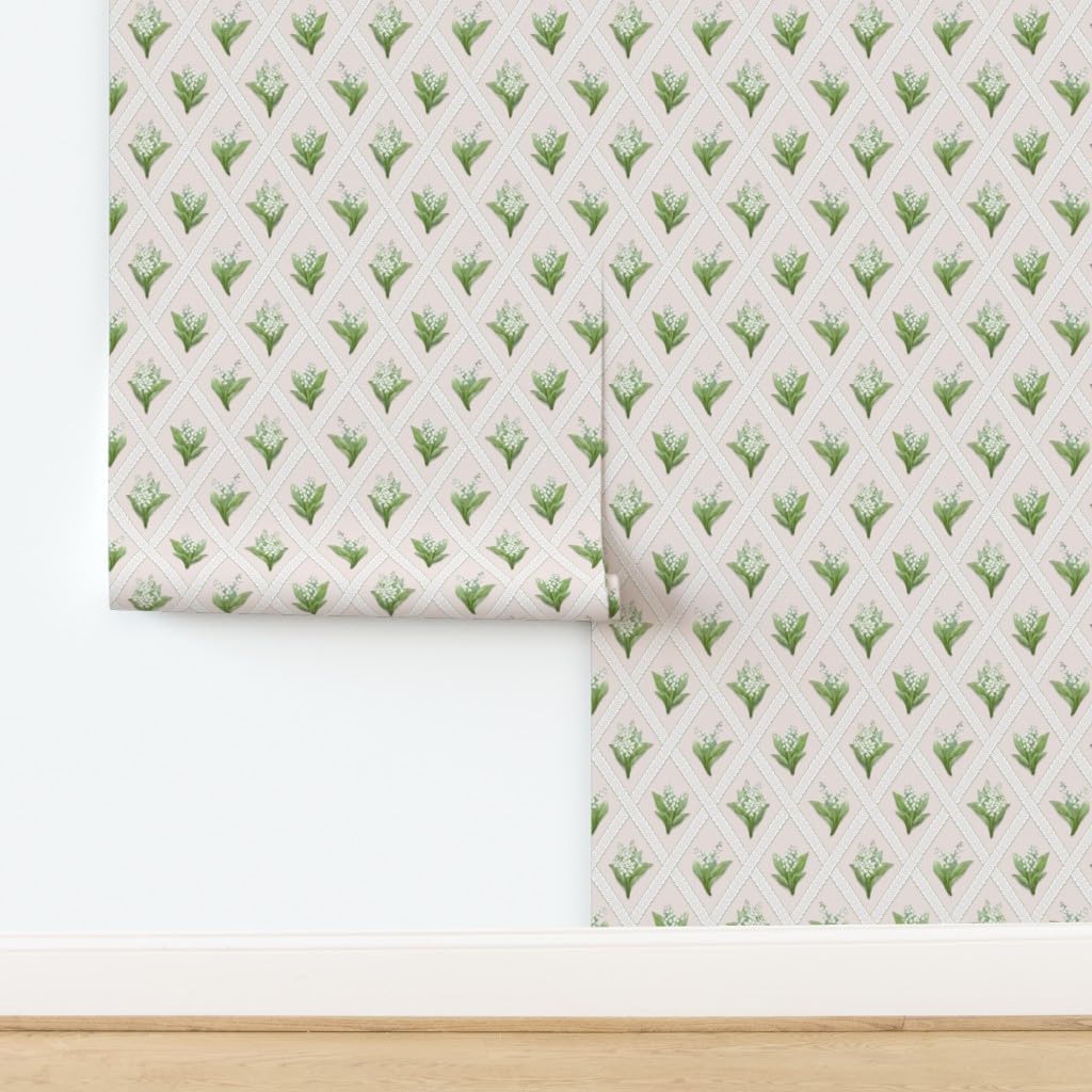 Peel & Stick Wallpaper 3ft x 2ft - Blush Floral Botanical Lily of The Valley Lattice Garden Party Springtime Granny Chic Cottagecore Custom Removable Wallpaper by Spoonflower