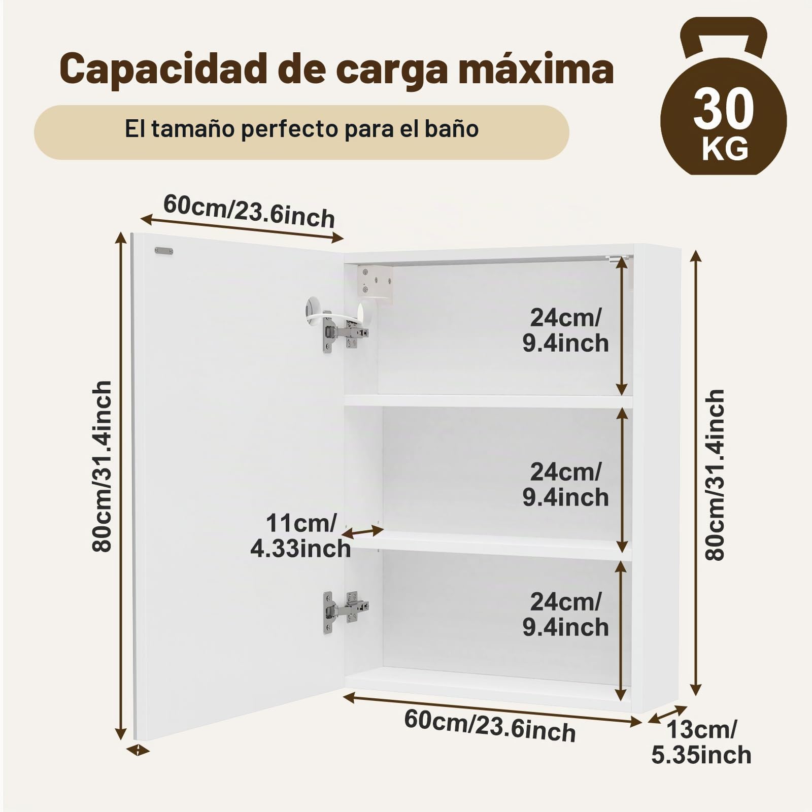 Pipipoxer armario con espejo de baño iluminado y desoxidación, estantes de almacenamiento, 60 x 80 x 15 cm, baño, espejo colgante, 3