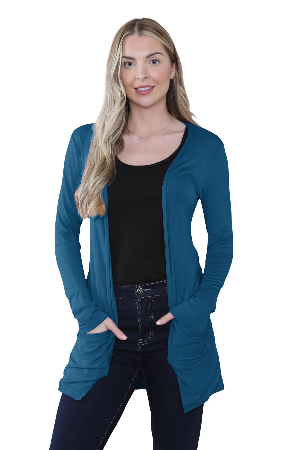 Janisramone Women's Teal Janisramone® Cardigans Stylish And Versatile Open Front Boyfriend Cardigans For Uk, Perfect Long Sleeve Cardigan With Drop Pockets For Layering Over Summer Dresses