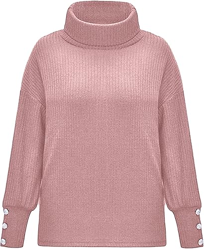 Miniatura 2 de Womens 2023 Fall Pullover Sweaters Solid Long Sleeve Turtleneck Knitted Casual Button Oversized Tunic