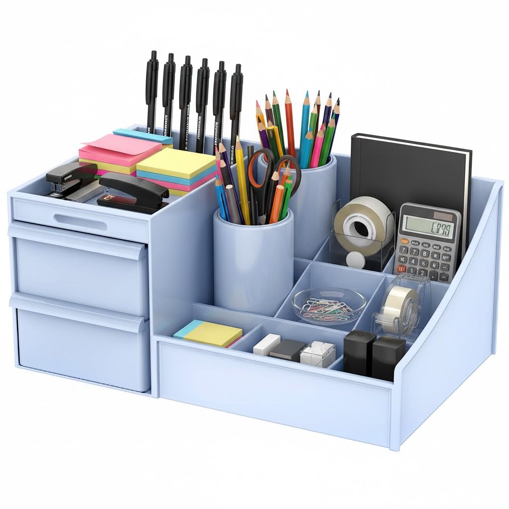 ROKTRY Multi-Functional Desk Organizer for Office & Home - All-in-One Stationery Stand with 2 Drawers, Pen Holders,Premium Space-Saving Desktop Storage Box for Students,Gifting (Sky Blue)