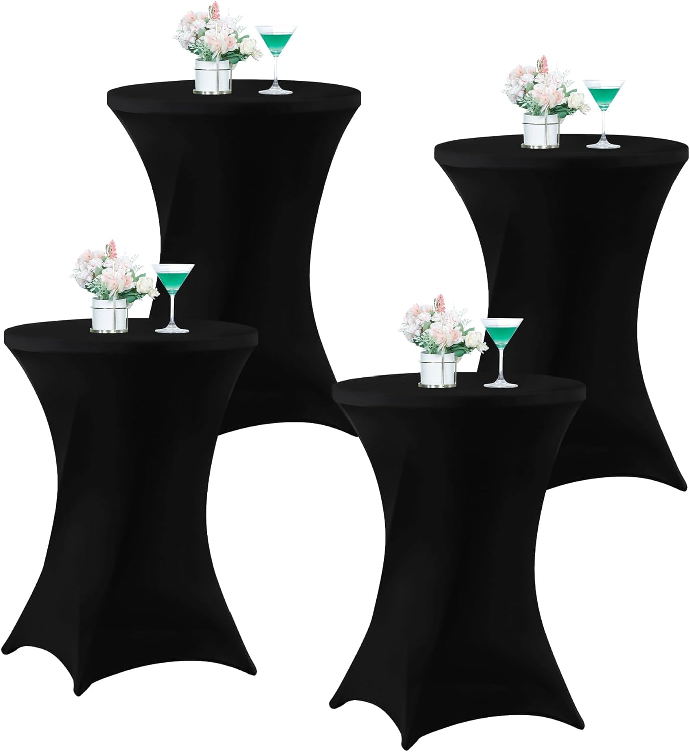 Wolkemer 4 Pack 32x43 Inch Spandex Cocktail Cover Black Stretch Table Cloths Fitted Tablecloth High Top Square Coners Table Covers for Wedding Birthday Party Bar Banquet Round Tables
