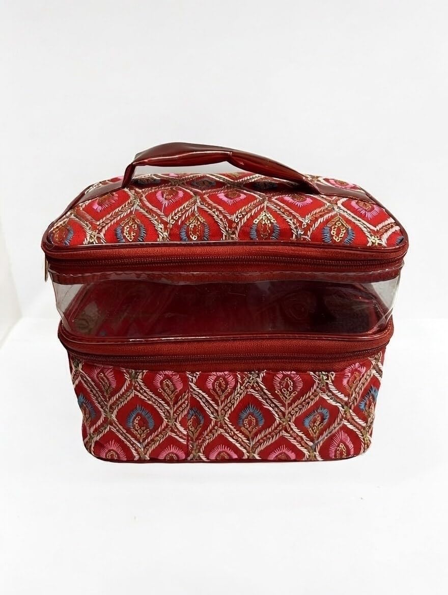 Girls Makeup Storage Box Cosmetic Bag Portable Cosmetic Organizer with Zipper Stylish Vanity Makeup Case for Women and Girls Red Travel Beauty Storage Kit-image-44