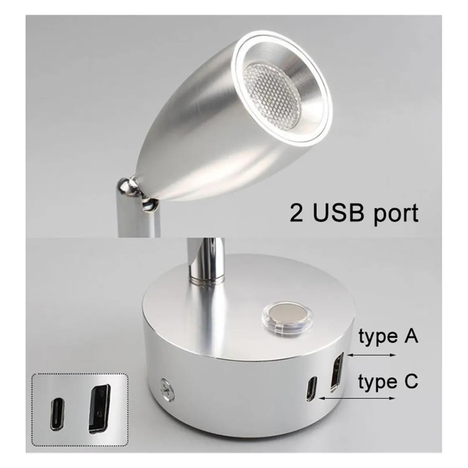 Faretto LED Dimmerabile USB Tipo C RV DC 12V 24V Piccola Luce Di Lettura Con Porta Di Ricarica USB Lampada Calda Dimmerabile For Nave(Silver)