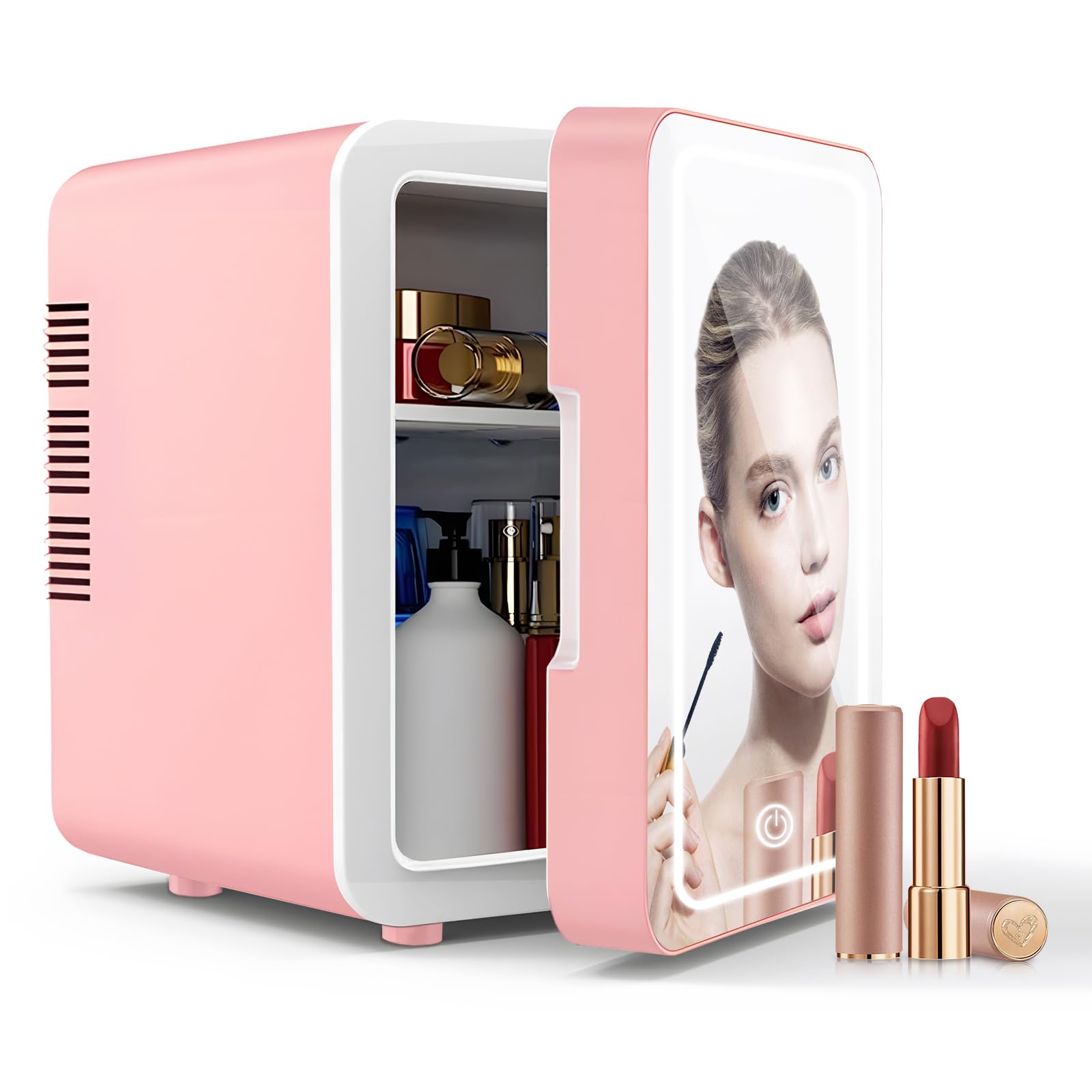 Mini Fridge for Bedroom, Skincare Fridge With Dimmable LED Light Mirror,4L Makeup Mini Fridge,Cooler & Warmer,Compact Small Refrigerator,for Bedroom, Car,For Cosmetics, Skincare And Food,Pink