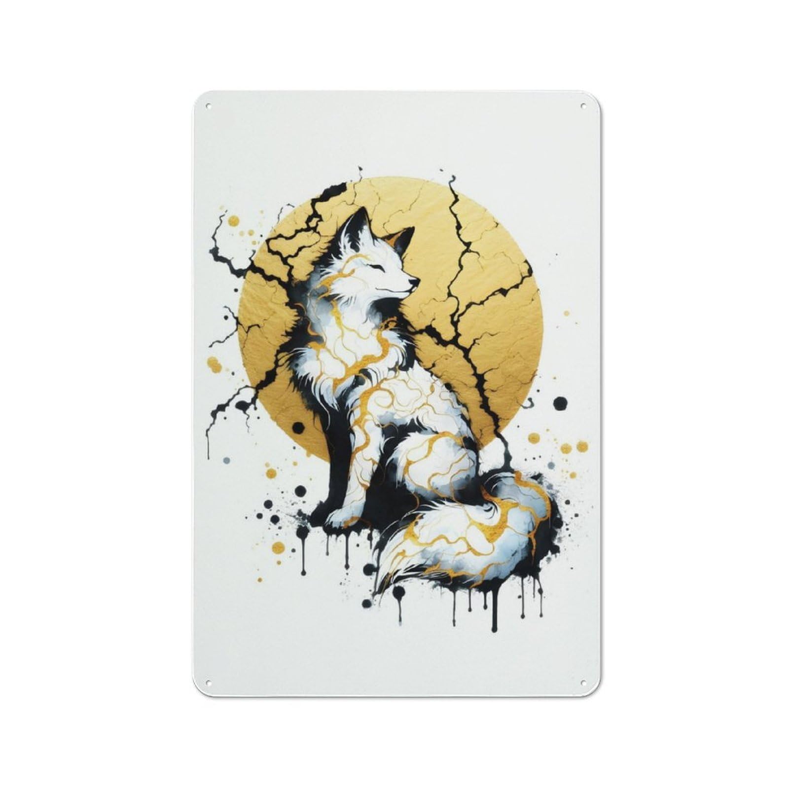 Junmoney Ink Kitsune Tin Wall Plaque 30X20cm With For Home Office Or Studio, Gift Idea At Christmas For Creative Workspace Decorators