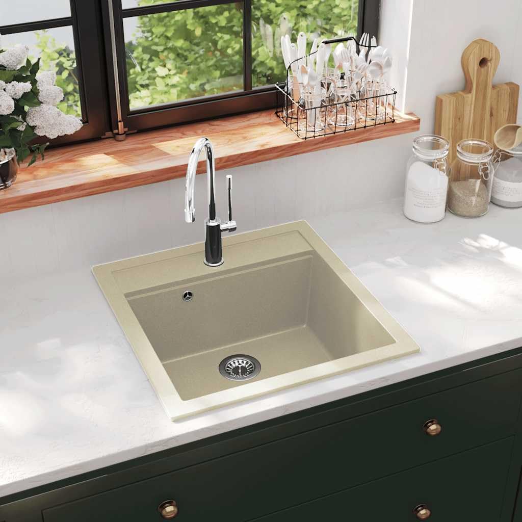 Lavello singolo in granito, beige, da incasso, con vasca extra profonda, 490 x 510 mm, con cestello per cucina, giardino, camper