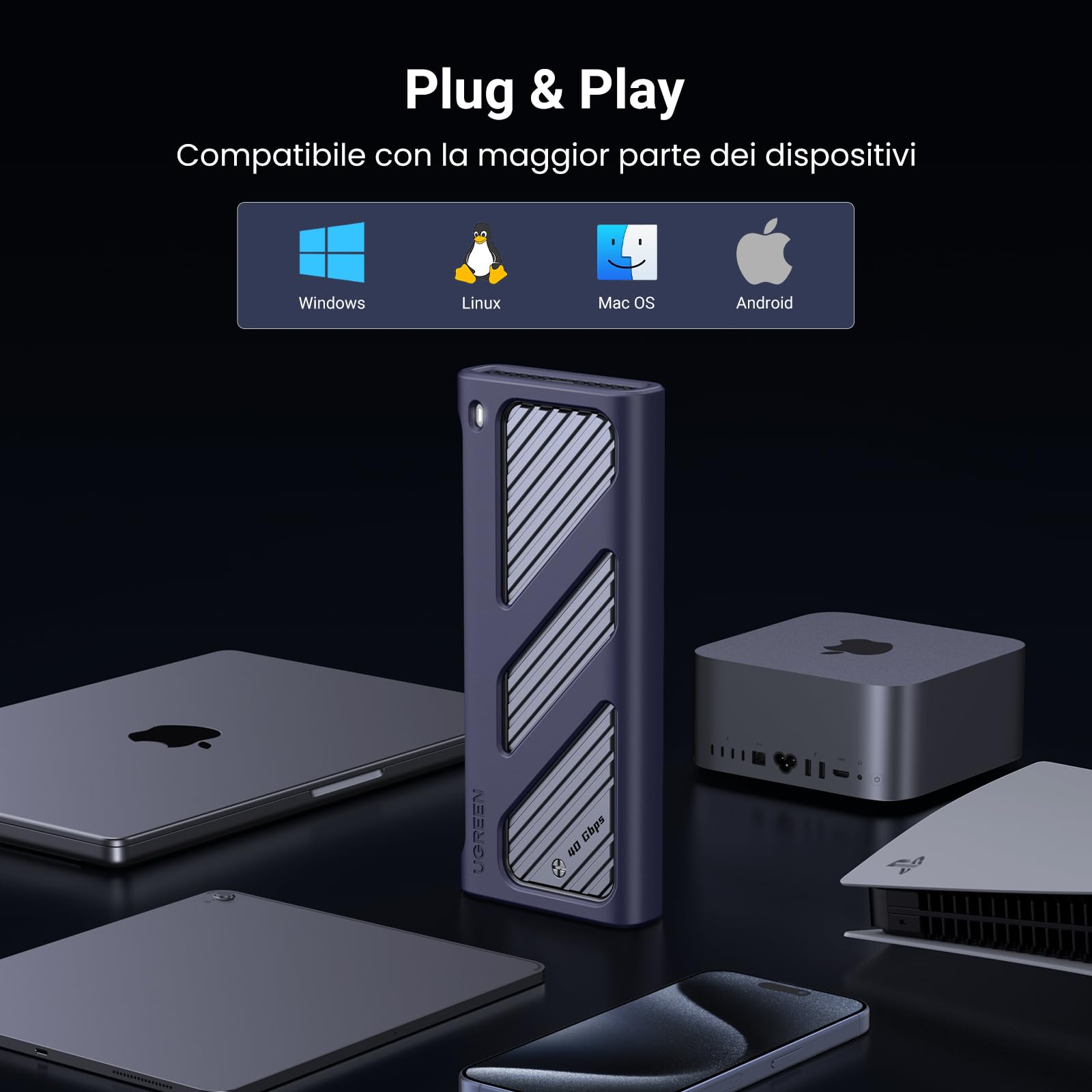 UGREEN Alloggiamento SSD M.2 NVMe, Enclosure NVMe da 40 Gbps con USB4, [guscio in alluminio Lager e ventola PWM], supporto UASP e TRIM, alloggiamento M.2 compatibile con chiavi M & M+b e dimensioni in