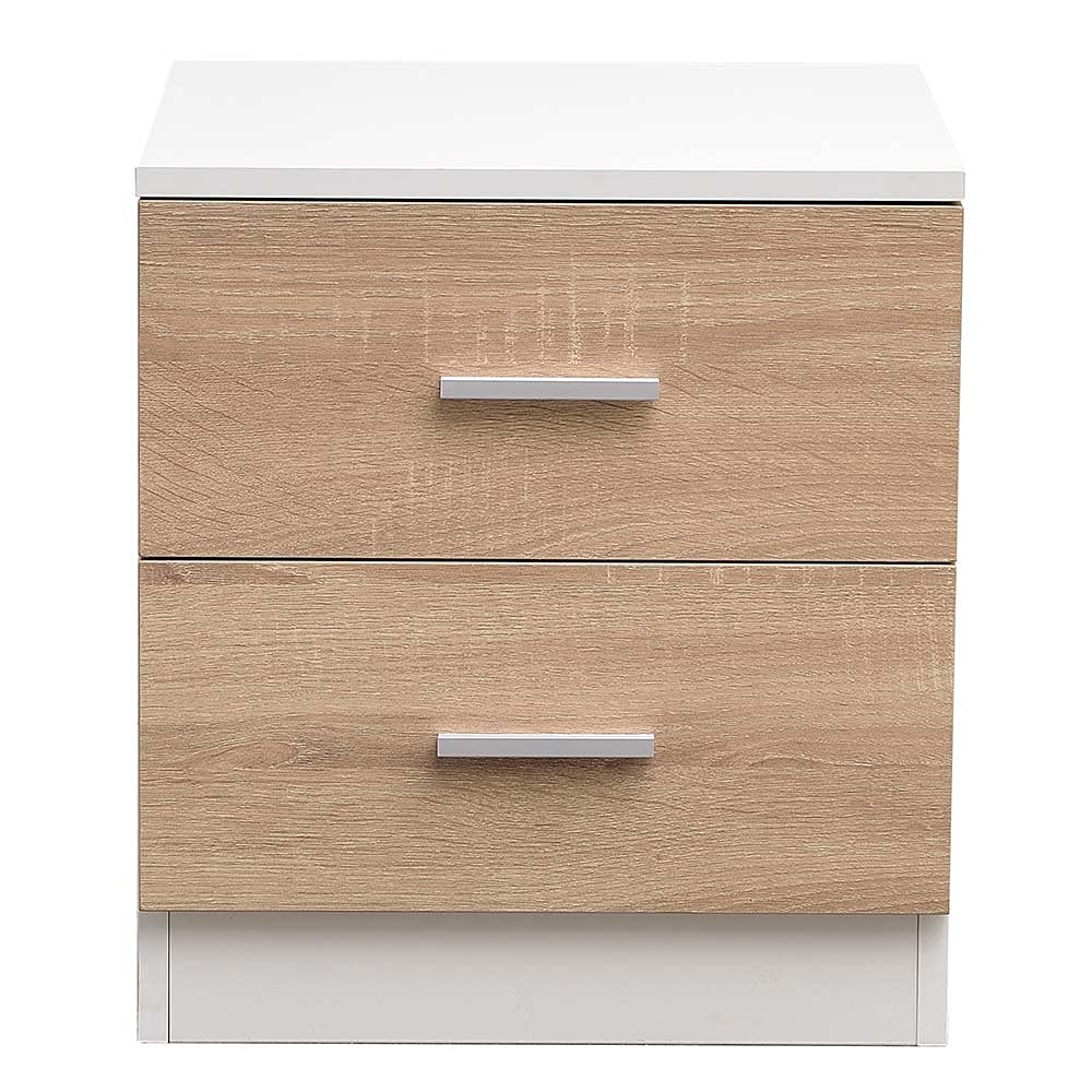 BAKAJI Mesita de Noche para Dormitorio, Armario con 2 cajones, asa de Metal, diseño Moderno, de Madera MDF, Mueble para el hogar, tamaño 44 x 40 x 38 cm, Color Blanco y Roble (2 cajones)