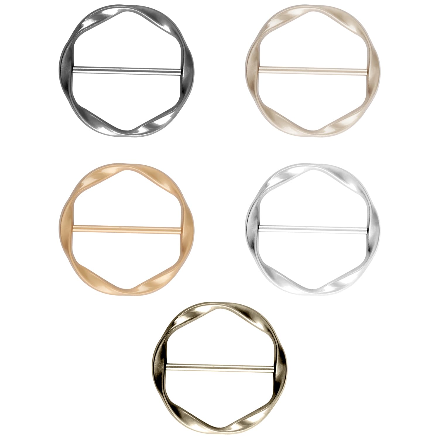 Hopzab Women's Multicolor 5Pcs Metal Twist Ring Buckle Set - T-Shirt Tie Clip, Scarf Ring Clips & Waist Cincher Clips For Multi-Purpose Round Sliding Buckles For Clothing, Shawls, Dresses, Belts, 5 Colors
