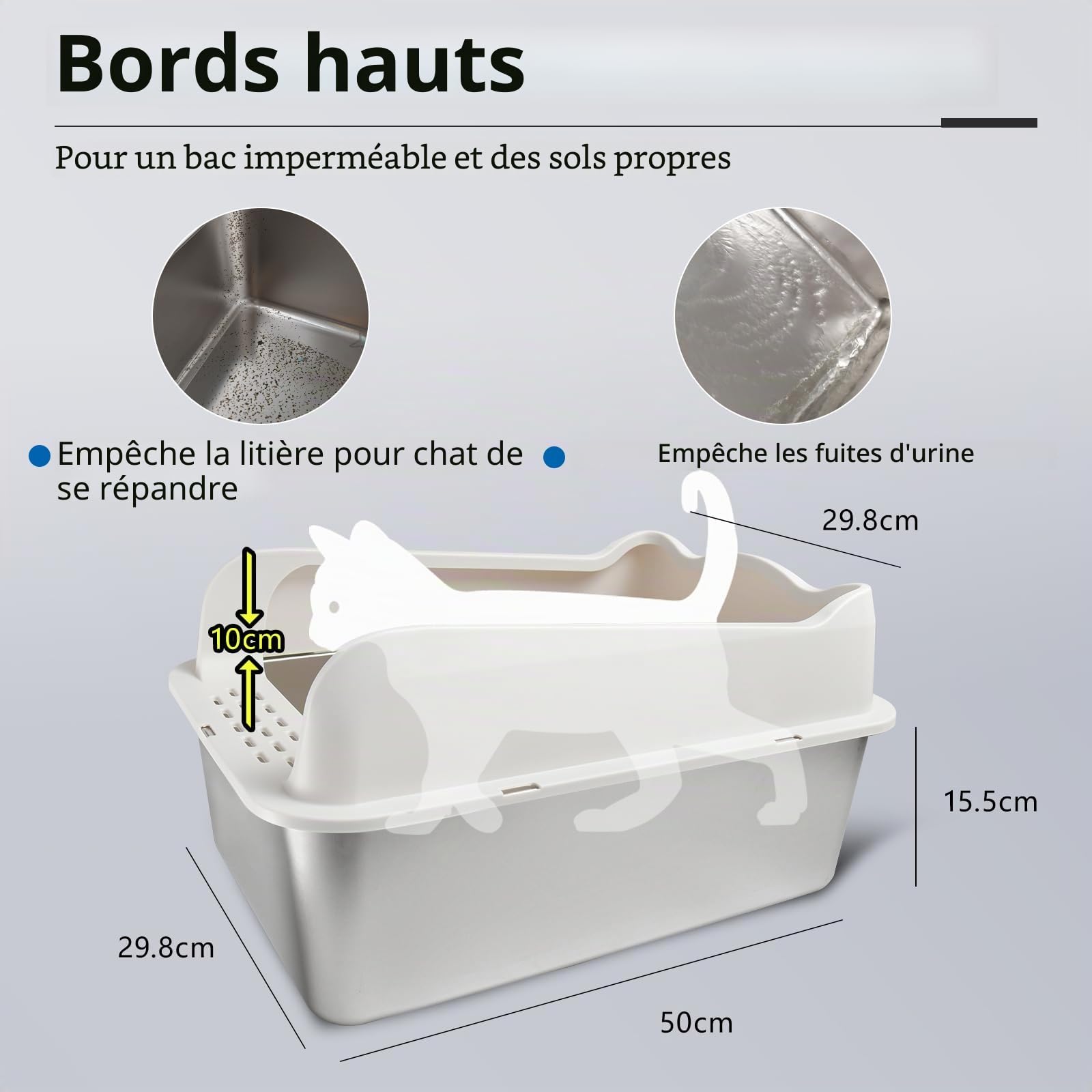 Bac à litière XXL pour chat, Grande litière pour chat 50 * 35 * 25 cm Sans odeur, Inoxydable, Surface lisse antiadhésive, Bac à litière en acier inoxydable Capacité pour un nettoyage plus facile