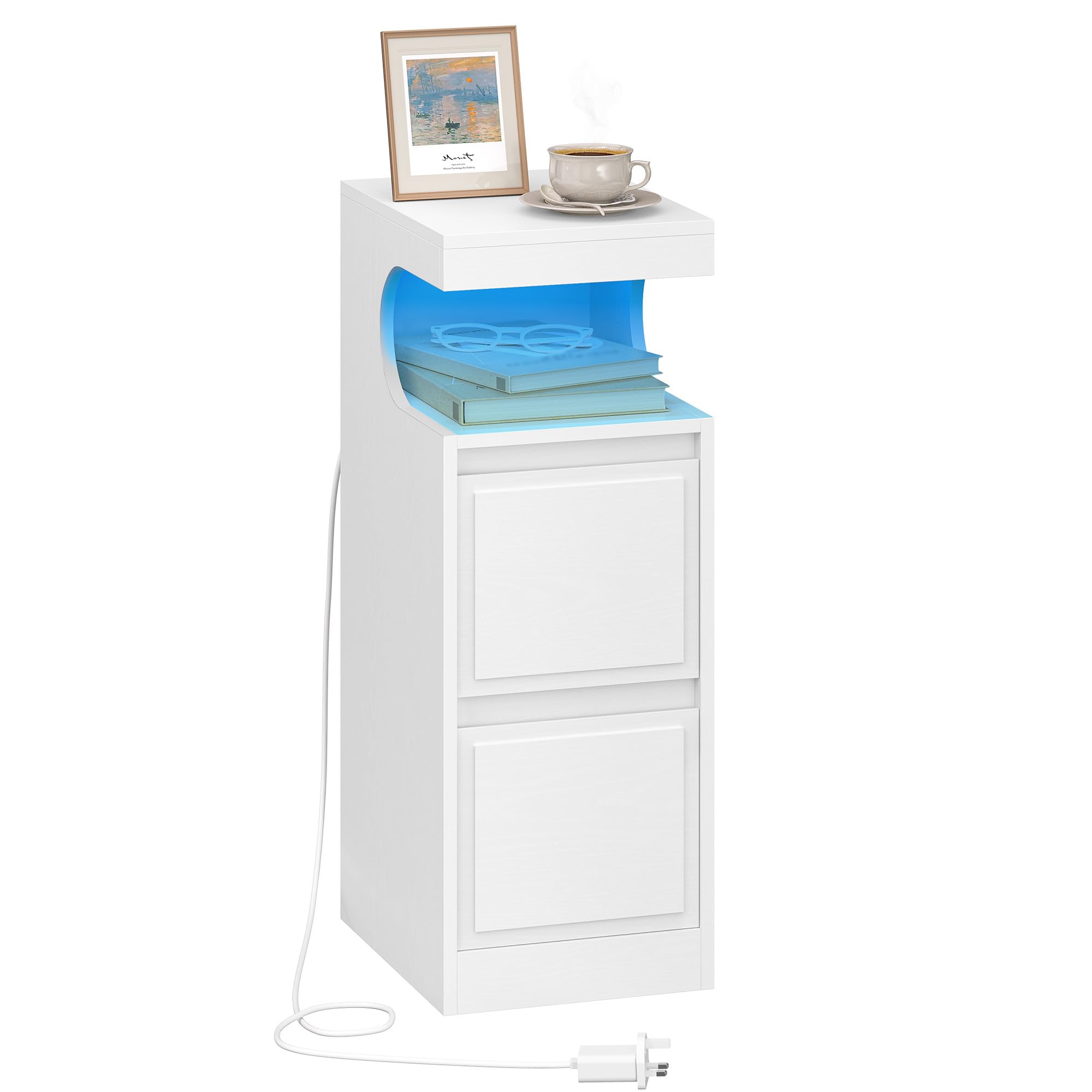 Hzuaneri Slim Bedside Table with LED Lights, Side End Table with 2 Drawers, Bedside Cabinet with Adjustable Light, Nightstand for Bedroom, Living Room, Office, 30 x 24 x 65 cm, White NS39113X