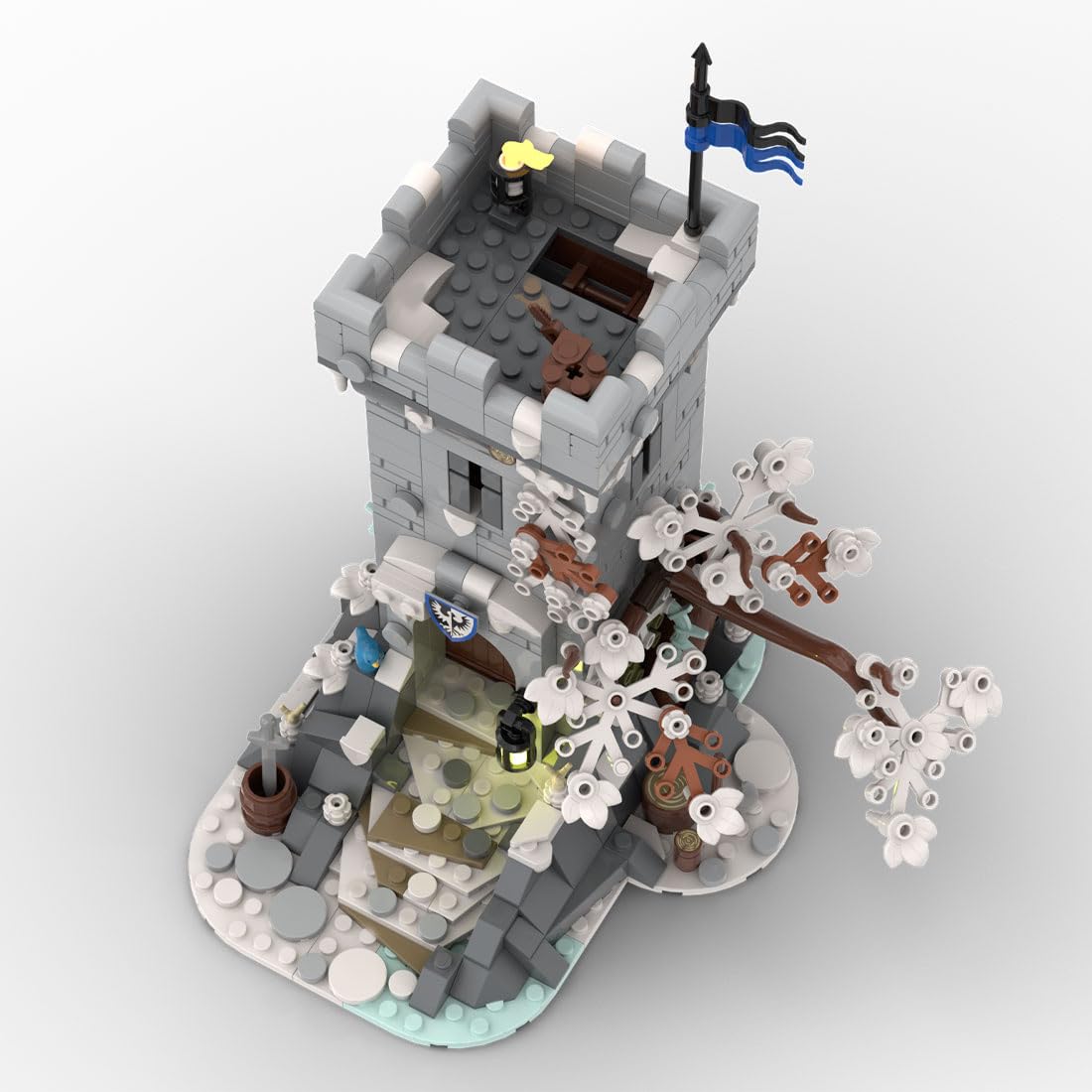 Mittelalterlicher Wachturm mit Winterthema Set, 700 Teile Klemmbausteine Mittelalterliches Architecture Burg Gebäude Set, MOC-191292
