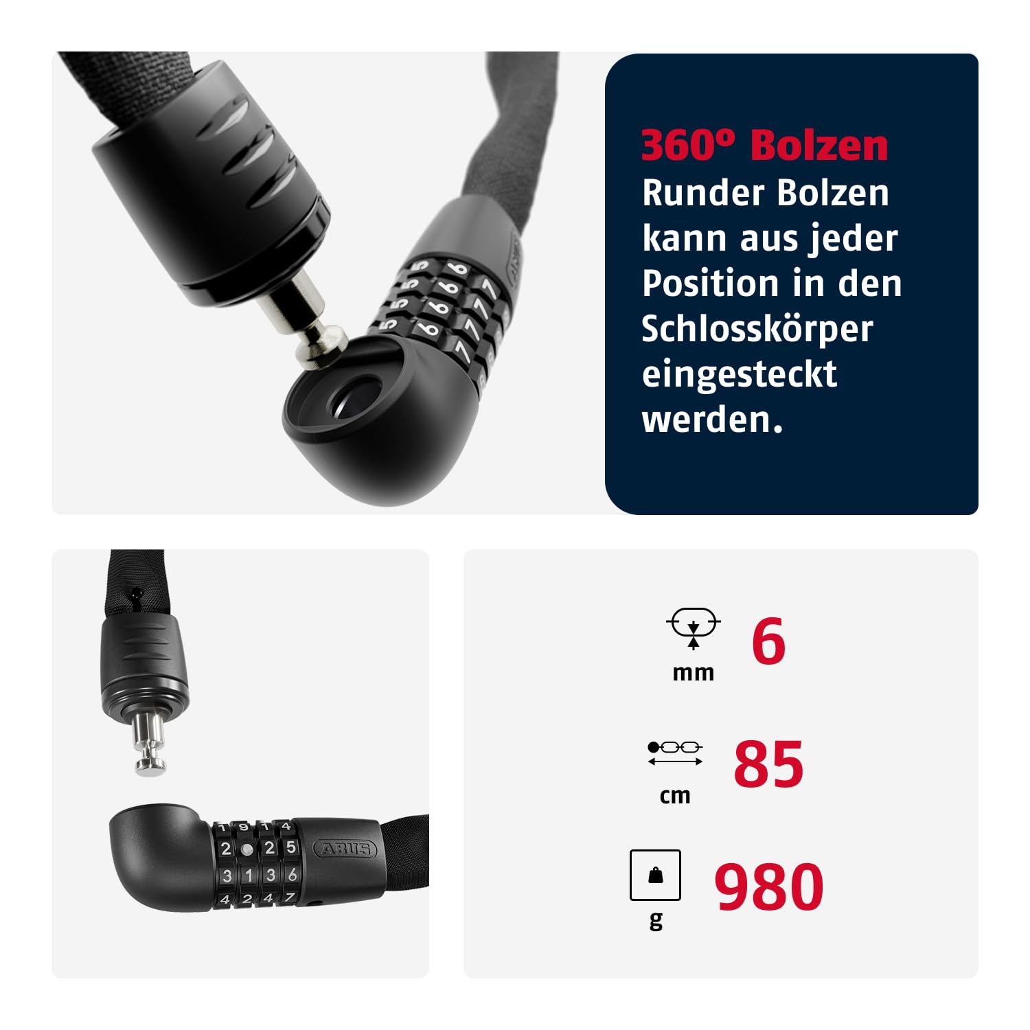 ABUS Kettenschloss Tresor 6806C, Länge 85 cm, schwarz | Fahrradschloss mit komfortabler Verriegelung, 4-stelligem Zahlencode, 6 mm Vierkantkette, Abtastschutz