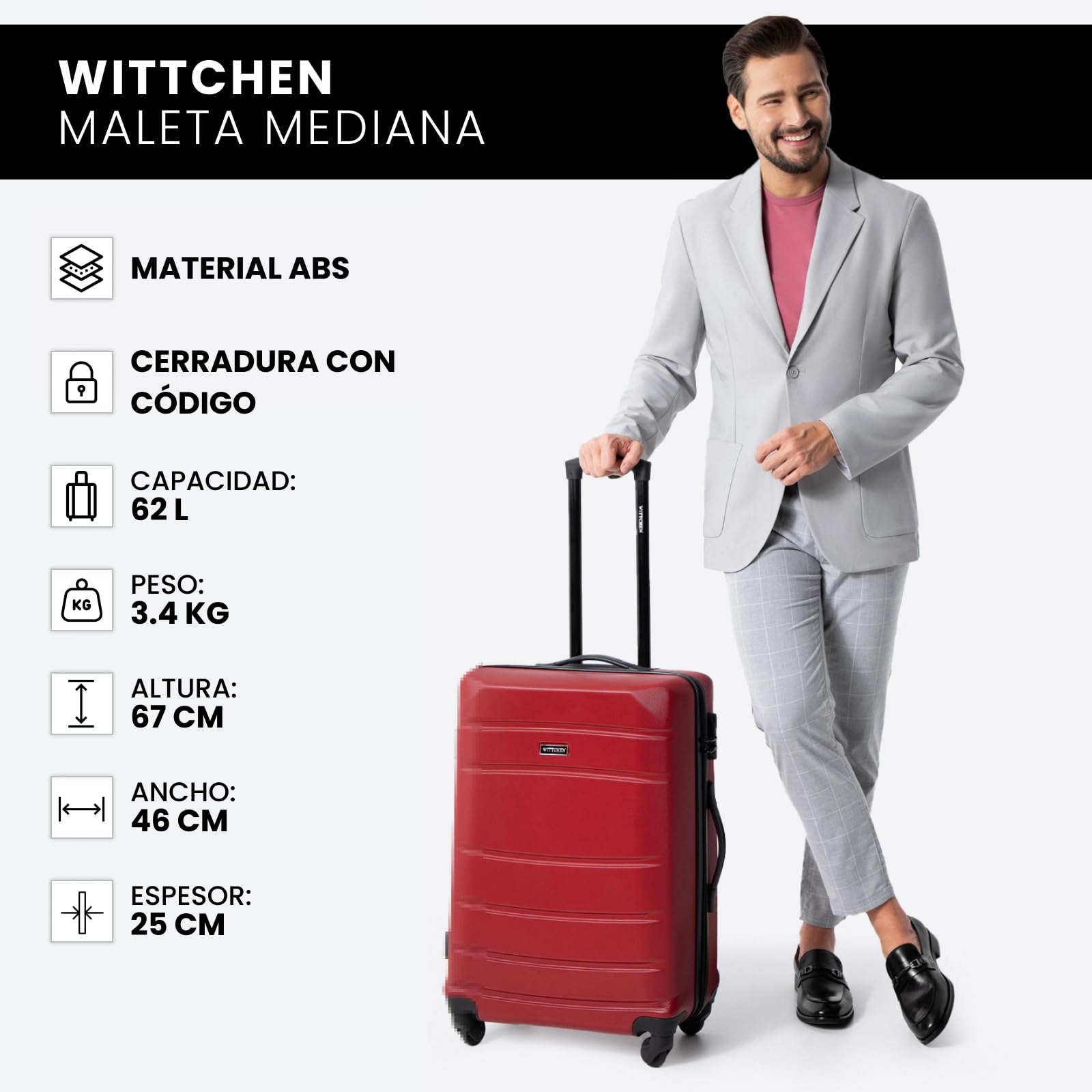 WITTCHEN Maleta Mediana Trolley de Viaje de ABS con 4 Ruedas giratorias Cerradura de combinación Asa telescópica Globe Line Rojo Ryanair/Vueling/Iberia/easyJet/Iberia Express/Air Europa