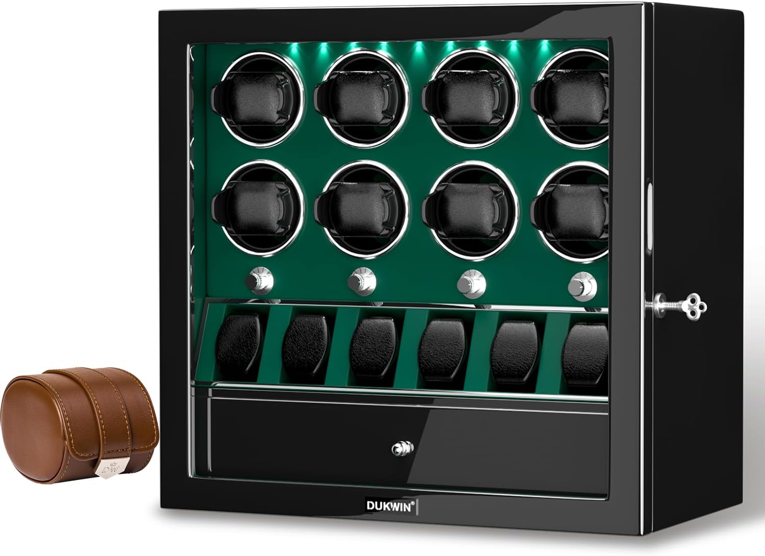 DUKWIN Green Lockable Watch Winders for 8 Automatic Watches and Brown Watch Roll for 1